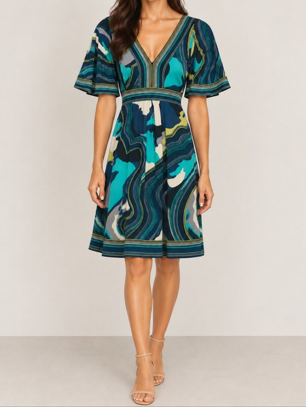 BCBGMaxAzria Abstract Print Flutter Sleeve Midi Dress Blue Teal Yellow
